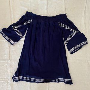 Navy Blue Off the Shoulder My Michelle Dress with Stitched White Detailing